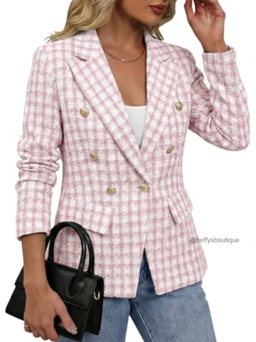 Double-Breasted Tweed Blazer Fully-Lined Slim Fit Casual Work - Picture 2 of 7